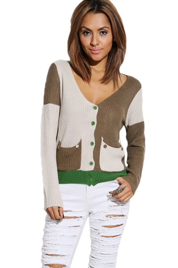 Mocha/Kelly Green Color Block Sweater Knit Cardigan
